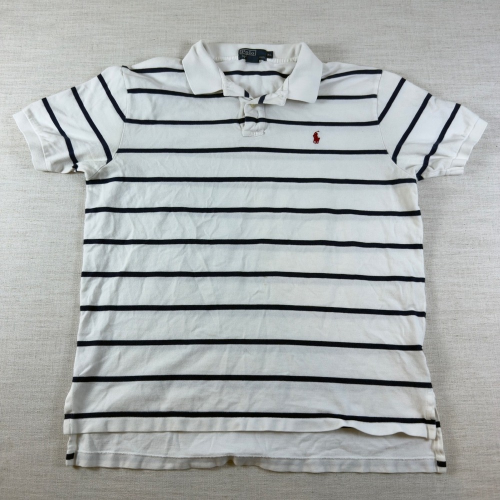 Polo Ralph Lauren Mens XL White Navy Blue Striped 100% Cotton Pique Polo Shirt